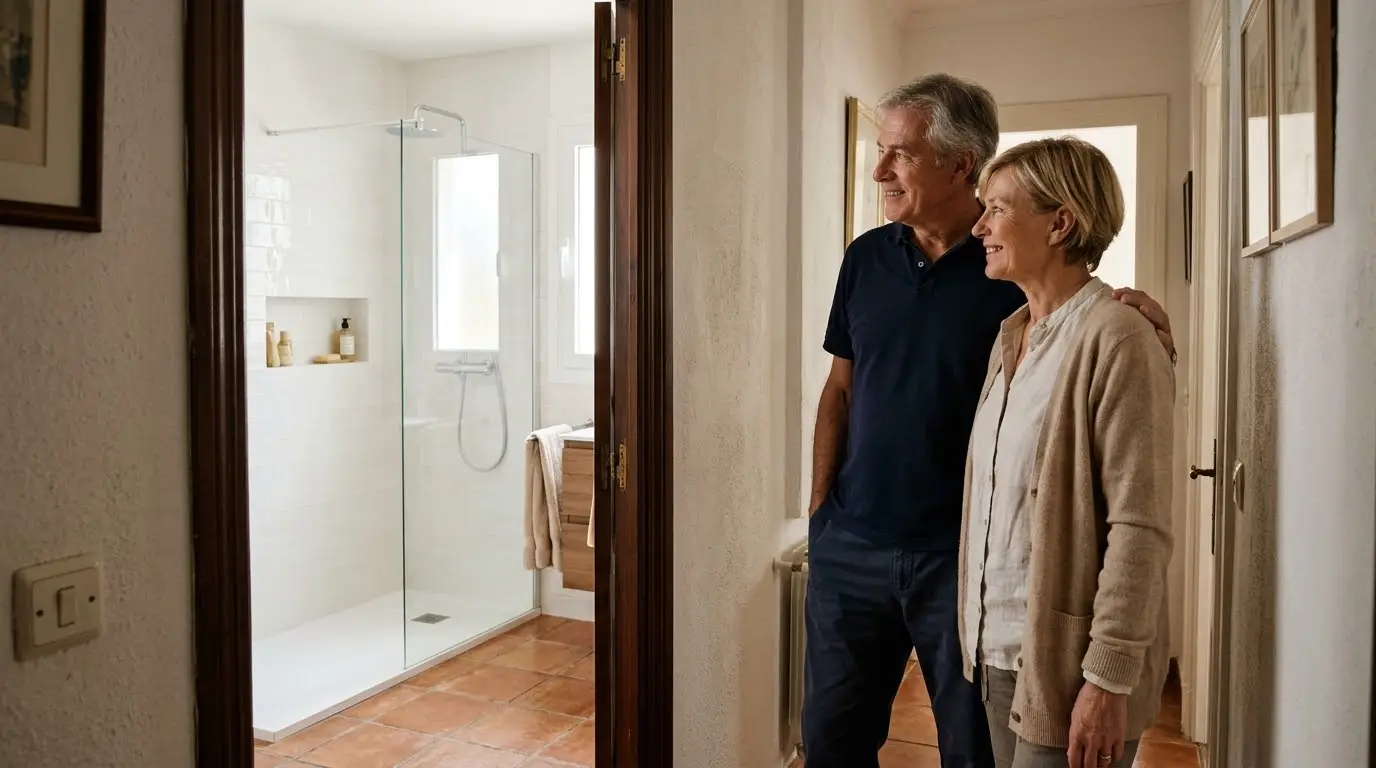 Pareja mirando la ducha nueva que ha sustituido a la bañera en el baño de su piso