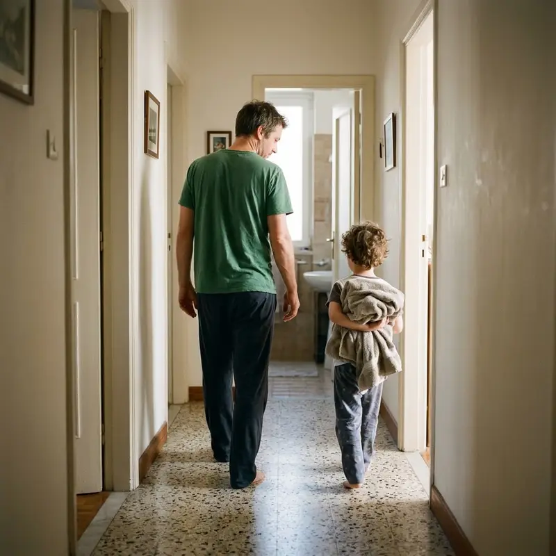 Padre y su hijo pequeño en el pasillo de su casa junto a la puerta del baño