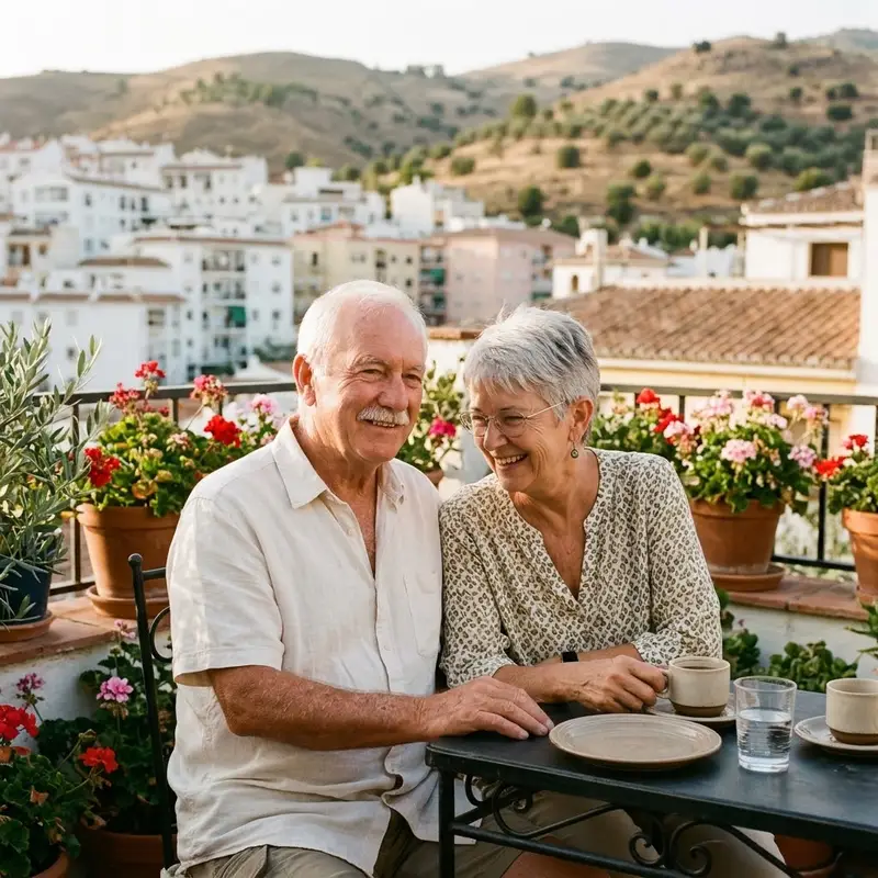 Pareja de jubilados sonriendo en la terraza de su piso con vistas a la ciudad