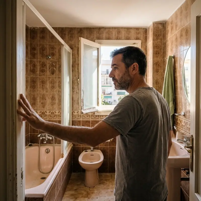 Hombre de mediana edad mirando el baño antiguo de su piso con azulejos de los años setenta