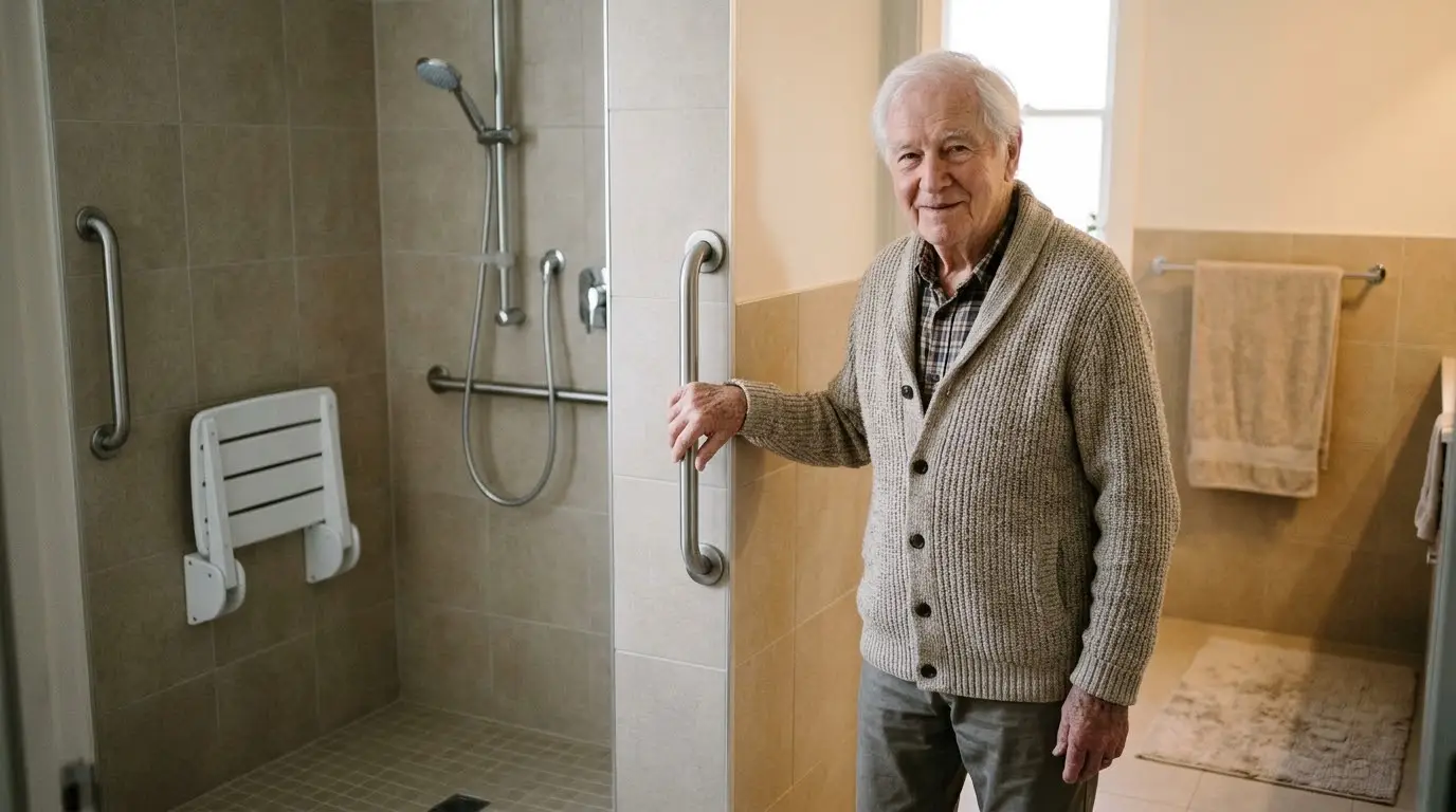Hombre mayor sonriendo junto a la ducha adaptada de su baño, con barra de apoyo y asiento abatible