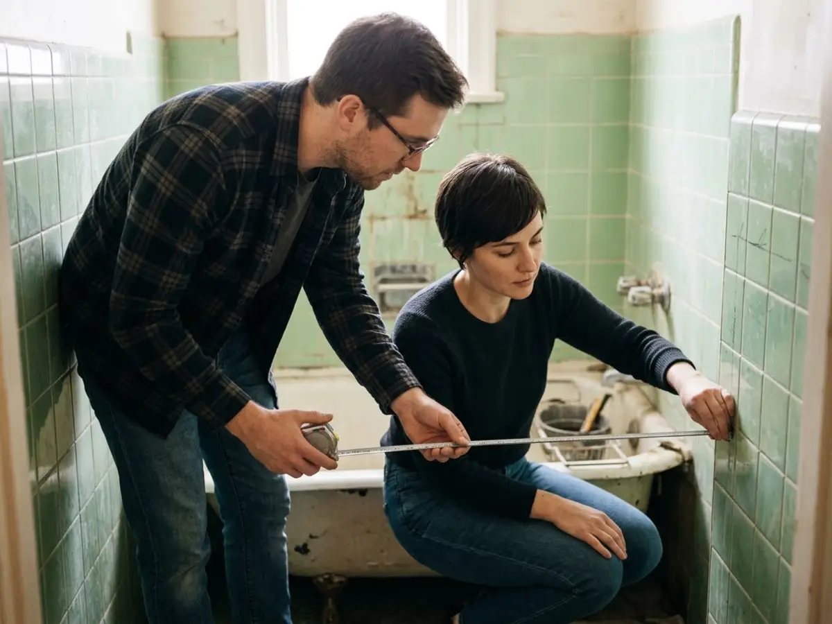 Pareja joven midiendo con una cinta métrica la pared de un baño pequeño antes de la reforma
