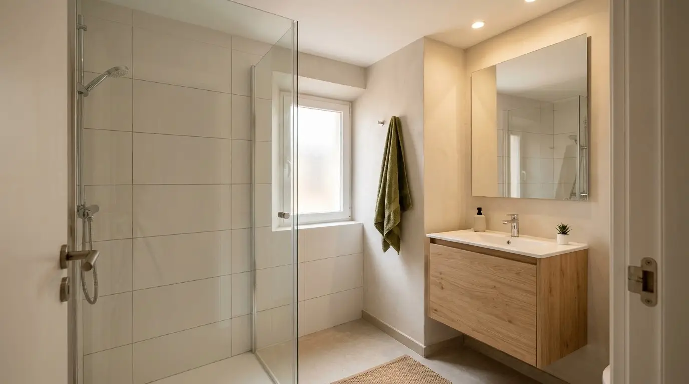 Baño pequeño reformado con ducha de cristal, azulejo blanco grande y mueble de madera clara