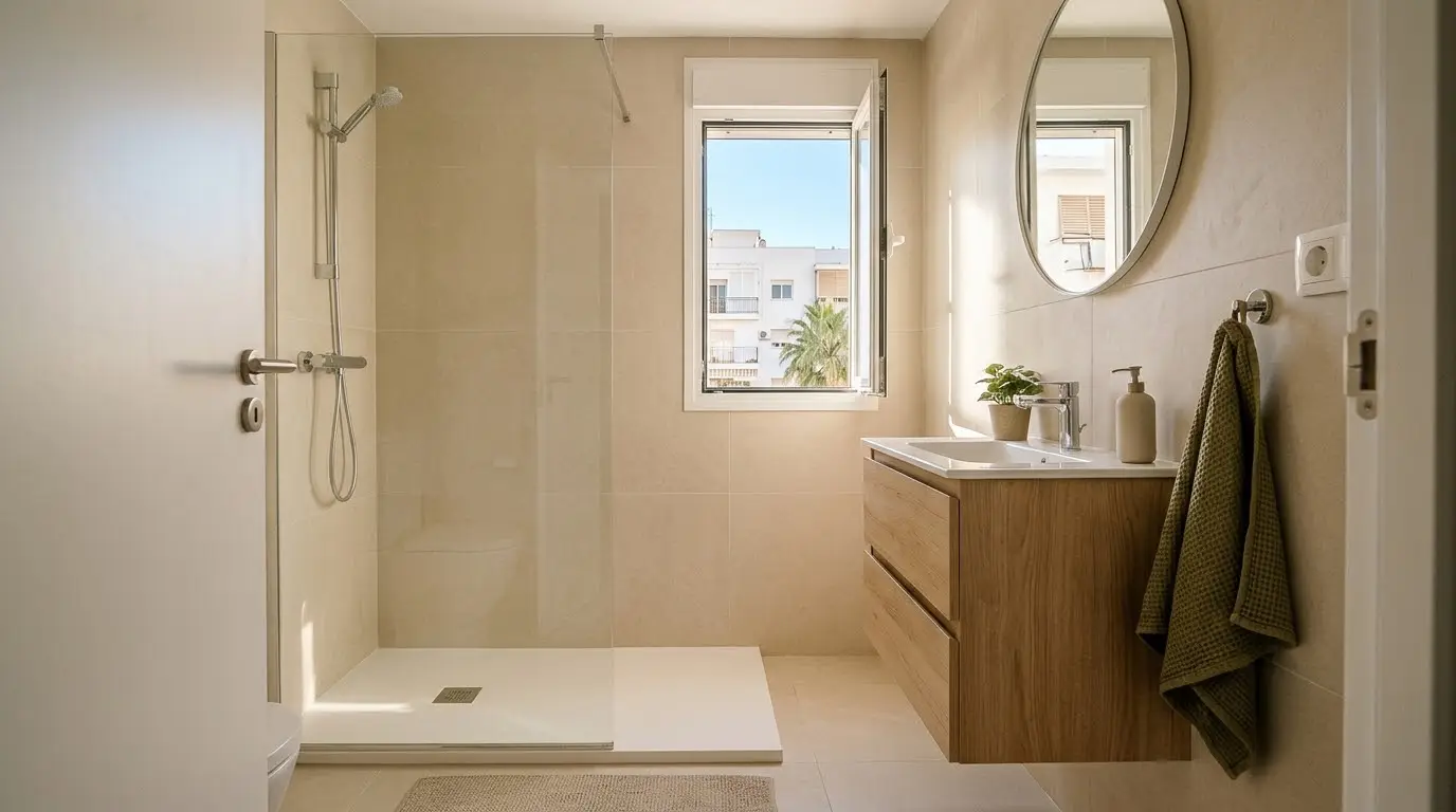 Baño reformado en un piso de Málaga con plato de ducha, mampara de cristal y azulejo claro
