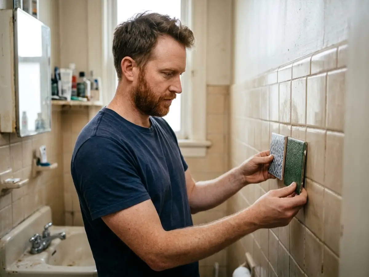 Hombre comparando dos muestras de azulejo contra la pared de su baño antiguo
