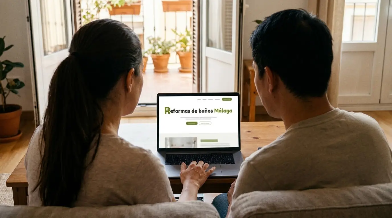 Pareja mirando el presupuesto de la reforma en un portátil, sentados en el salón de su piso