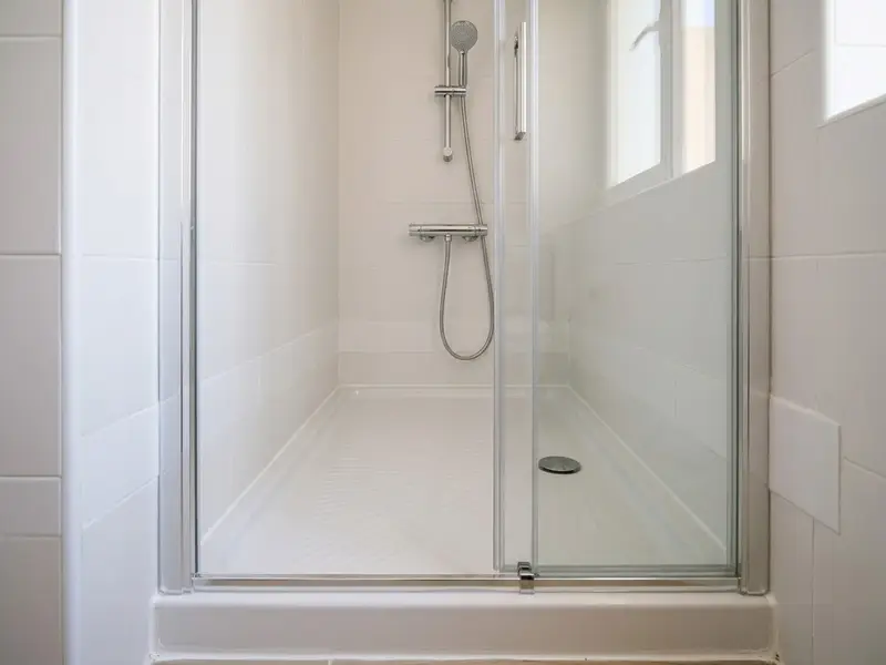Plato de ducha blanco recién colocado con mampara de cristal en el hueco de una bañera