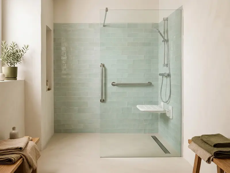 Ducha a ras de suelo con barra de apoyo y asiento abatible en un baño luminoso