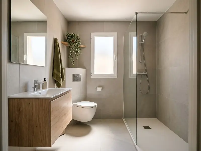 Baño pequeño reformado con ducha a ras de suelo, inodoro suspendido y mueble volado