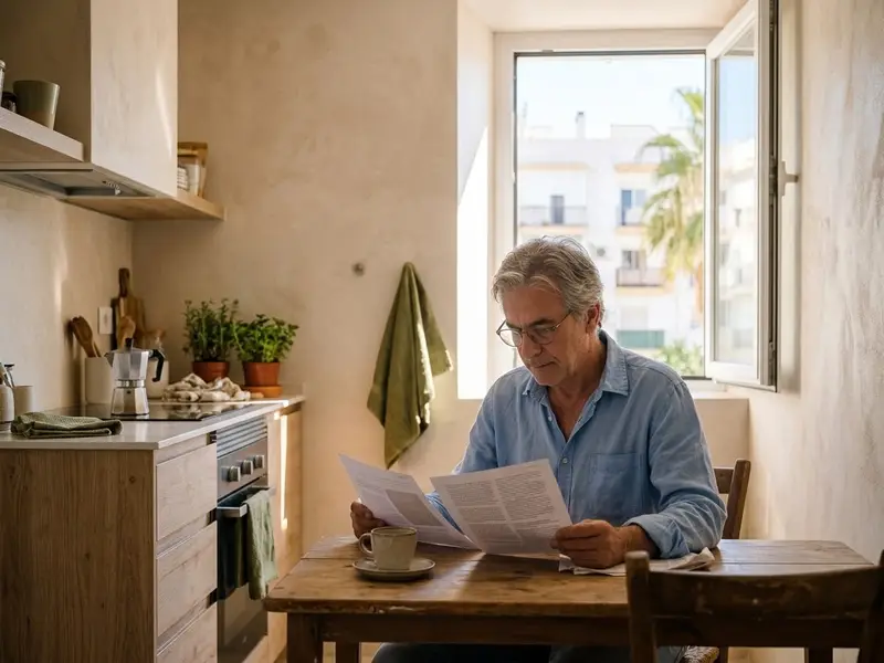 Hombre revisando un presupuesto impreso en la mesa de la cocina de su piso