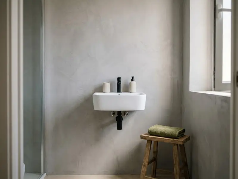 Pared de baño revestida de microcemento gris claro sobre los azulejos antiguos