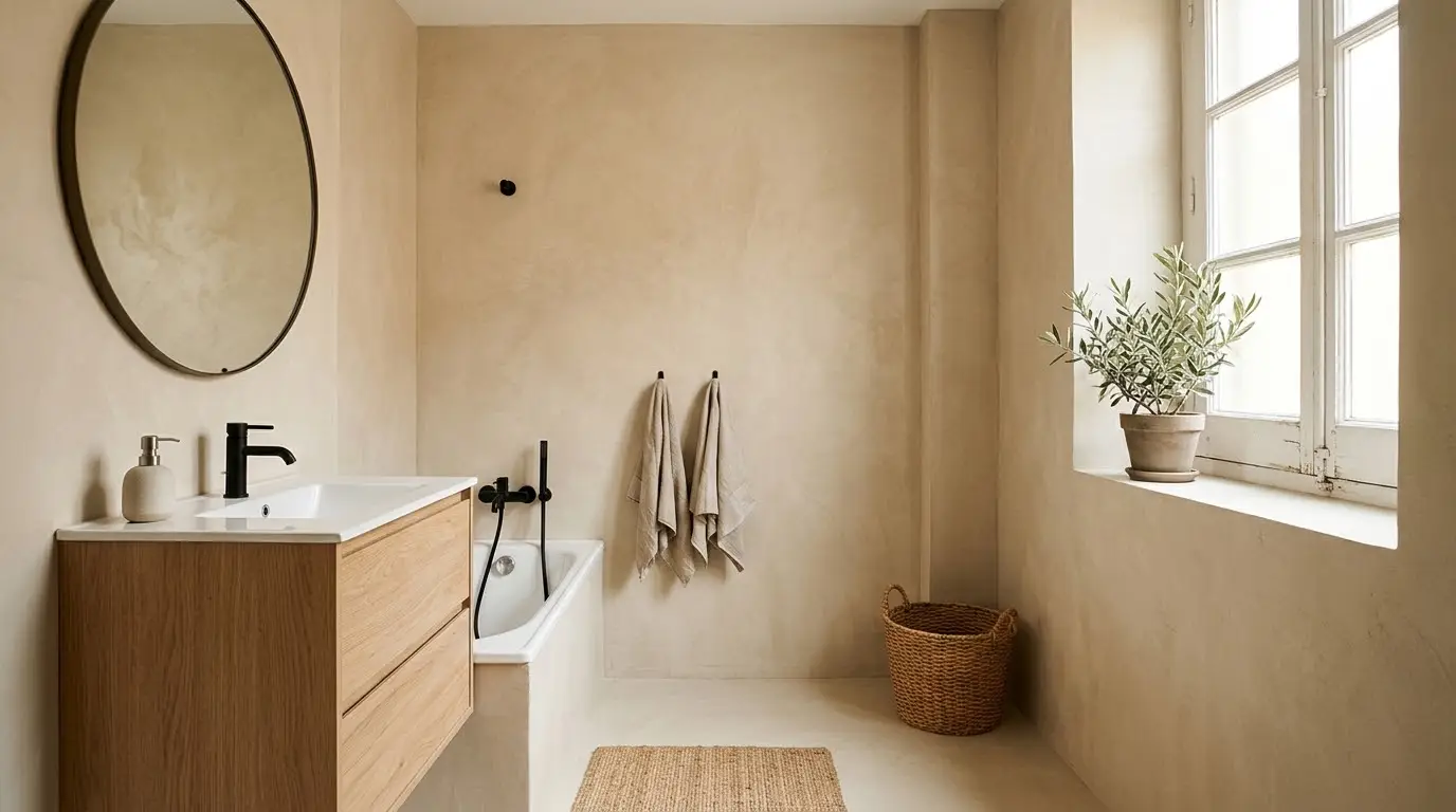 Baño renovado sin obra con paredes de microcemento claro, mueble nuevo y espejo redondo